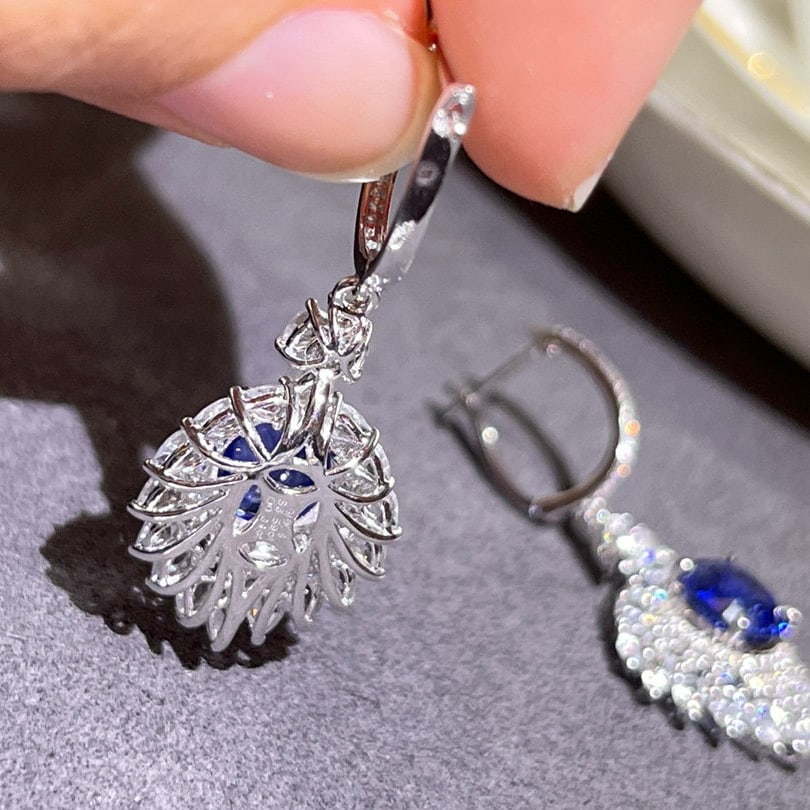 14k Gold 3.93 Ctw Natural Sapphire & Diamond Earrings - 2