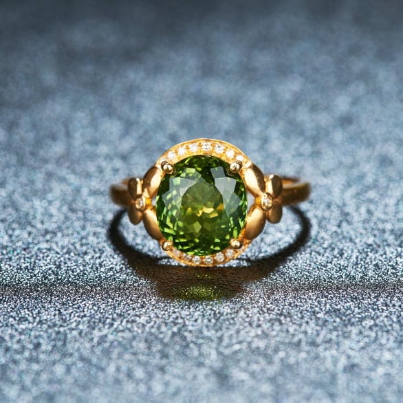14k Gold 3.55 Ct Natural Tourmaline & Diamond Ring: Ref:230986243 // gold content:14k gold // ring size:7. 25us // // main gemstone:tourmaline // shape:oval // carat weight:3. 55ct // color:green // treatment:natural // // adjacent gemstone 2 :