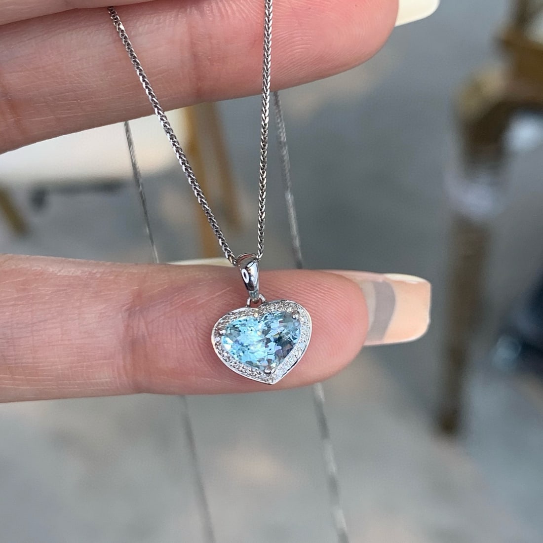 14k Gold 0.90 Ct Natural Aquamarine & Diamond Pendant( Without Chain ) - 2