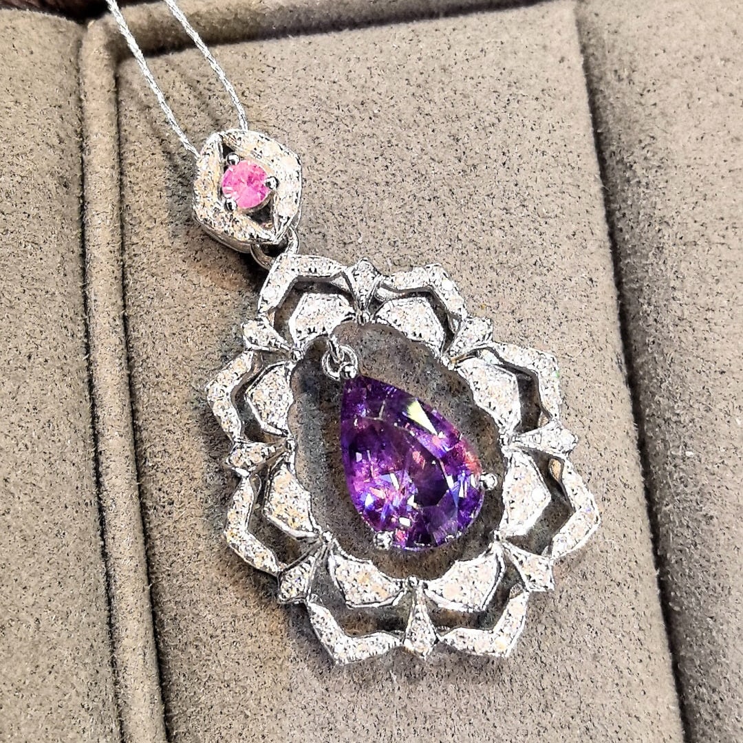 14k Gold 1.99 Ctw Natural Sapphire & Diamond Pendant( Without Chain ): Ref:230986264 // gold content:14k gold // main gemstone:sapphire // shape:pear // carat weight:1. 65ct // color:purple // treatment:natural // // adjacent gemstone 2 : diamond // shape:round // carat