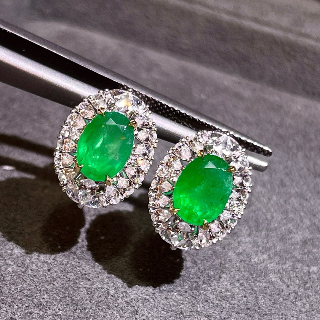 14k Gold 2.47 Ctw Vivid Green Natural Emerald & Diamond Earrings - 2