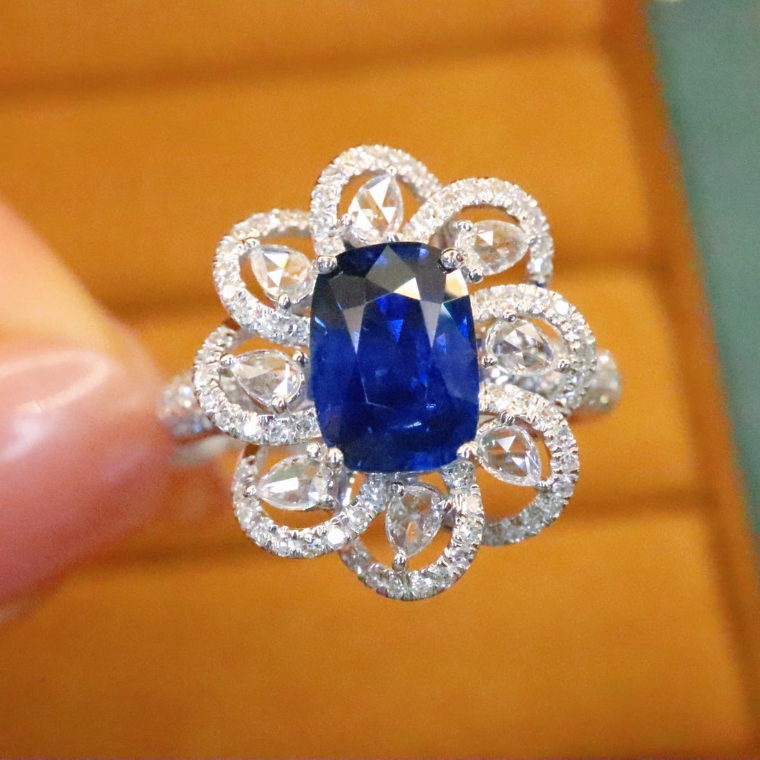 14k Gold 2.80 Ctw Natural Sapphire & Diamond Ring: Ref:230986283 // gold content:14k gold // ring size:7. 25us // // main gemstone:sapphire // shape:cushion // carat weight:2. 30ct // color:royal blue // treatment:natural // // adjacent gemstone 2 : d