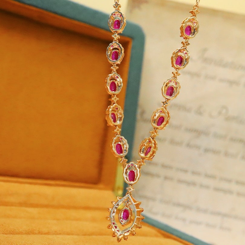 14k Gold 4.79 Ctw Natural Ruby & Diamond Necklace - 4