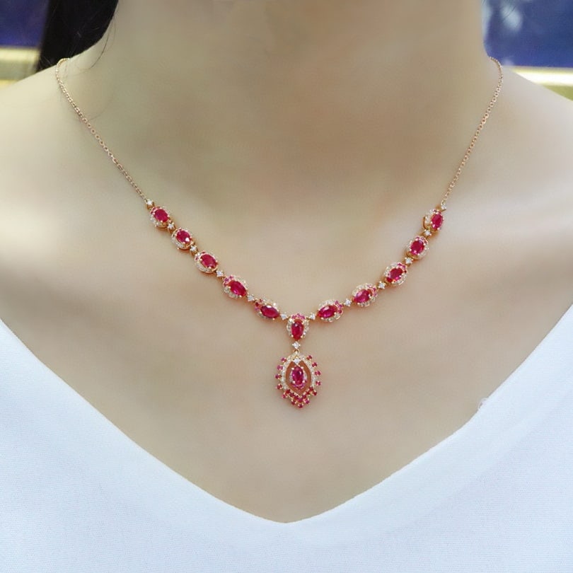 14k Gold 4.79 Ctw Natural Ruby & Diamond Necklace - 5