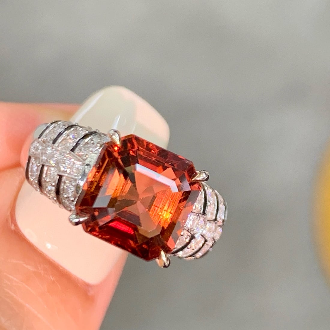 14k Gold 5.02 Ctw Natural Tourmaline & Diamond Ring: Ref:230986297 // gold content:14k gold // ring size:7. 25us // // main gemstone:tourmaline // shape:asscher // carat weight:4. 61ct // color:orange // treatment:natural // // adjacent gemstone 2 :