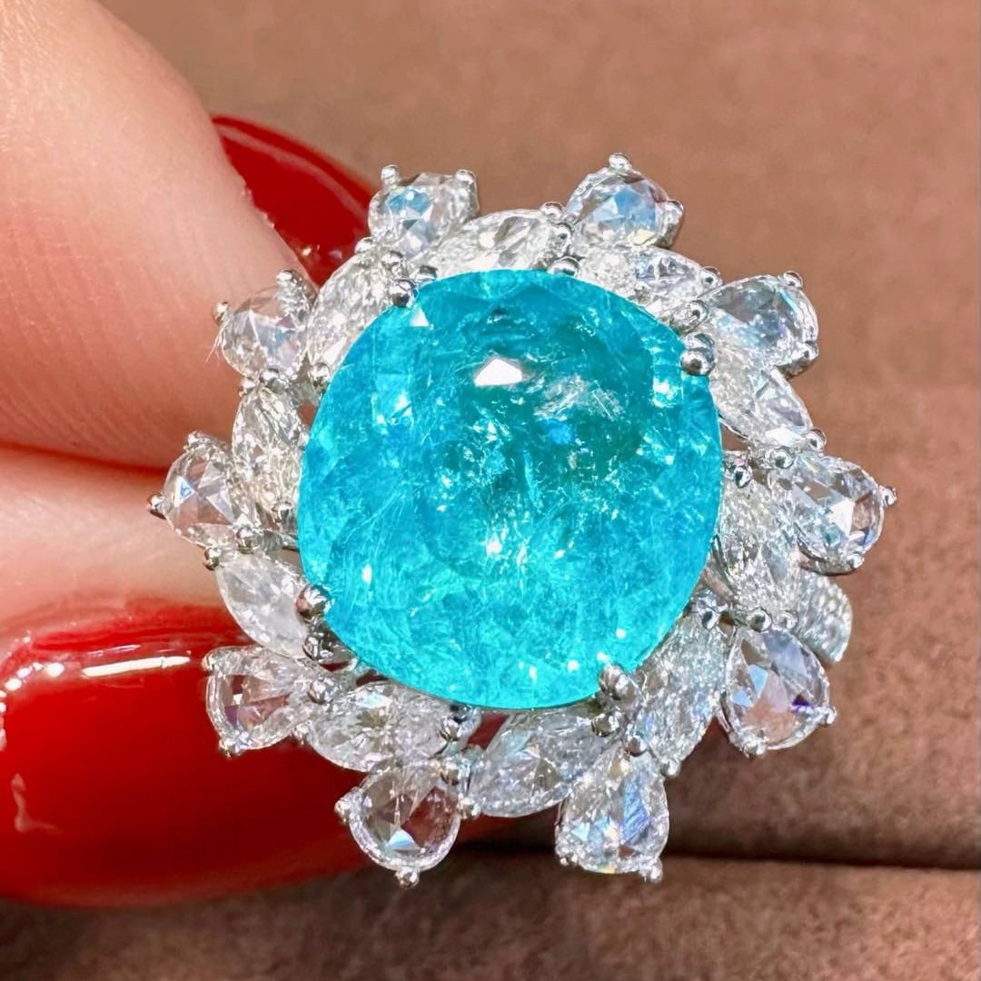 14k Gold 4.03 Ctw Natural Paraiba Tourmaline & Diamond Ring - 2