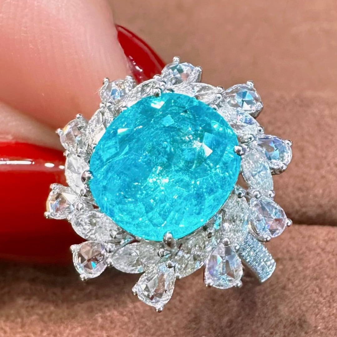 14k Gold 4.03 Ctw Natural Paraiba Tourmaline & Diamond Ring - 3