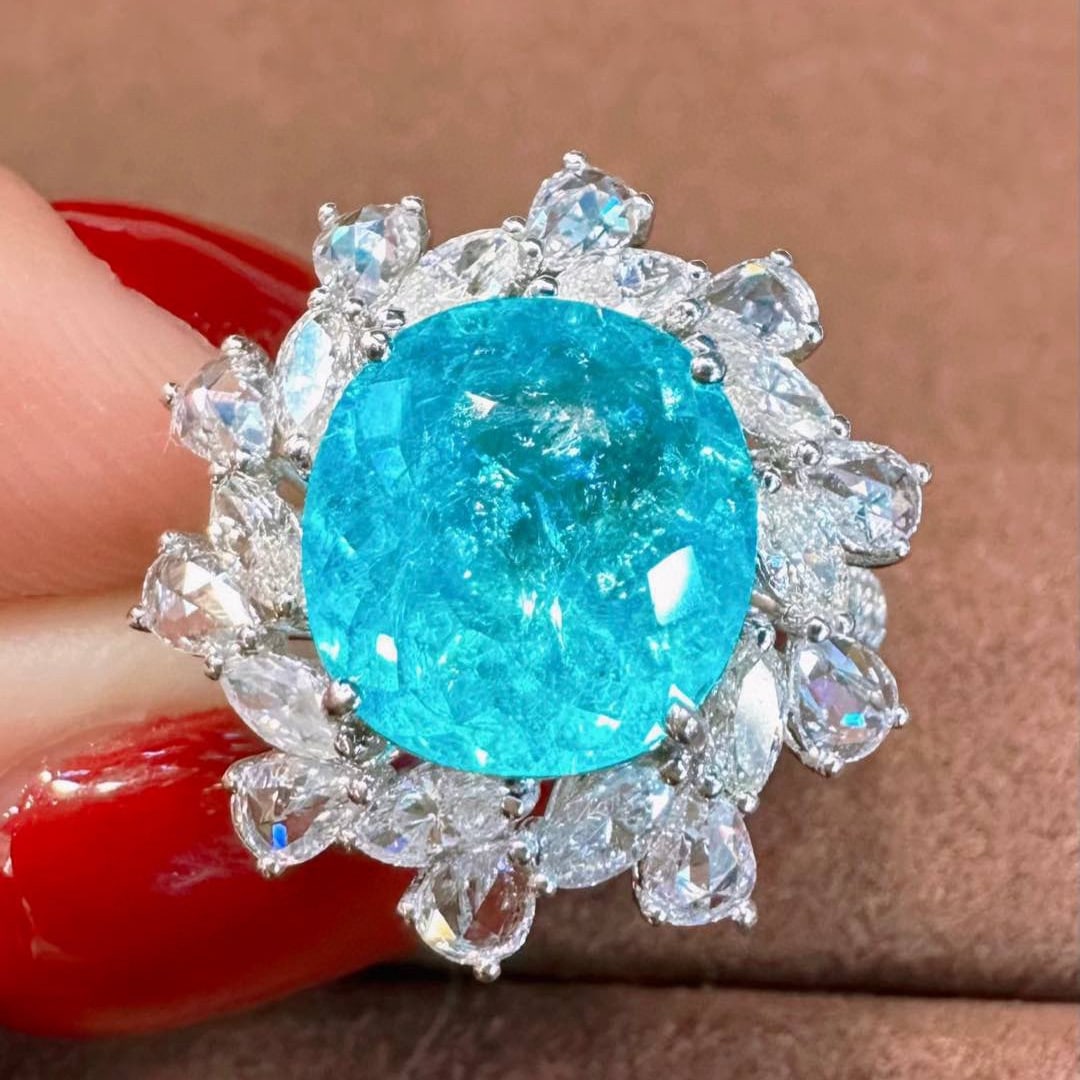 14k Gold 4.03 Ctw Natural Paraiba Tourmaline & Diamond Ring - 5