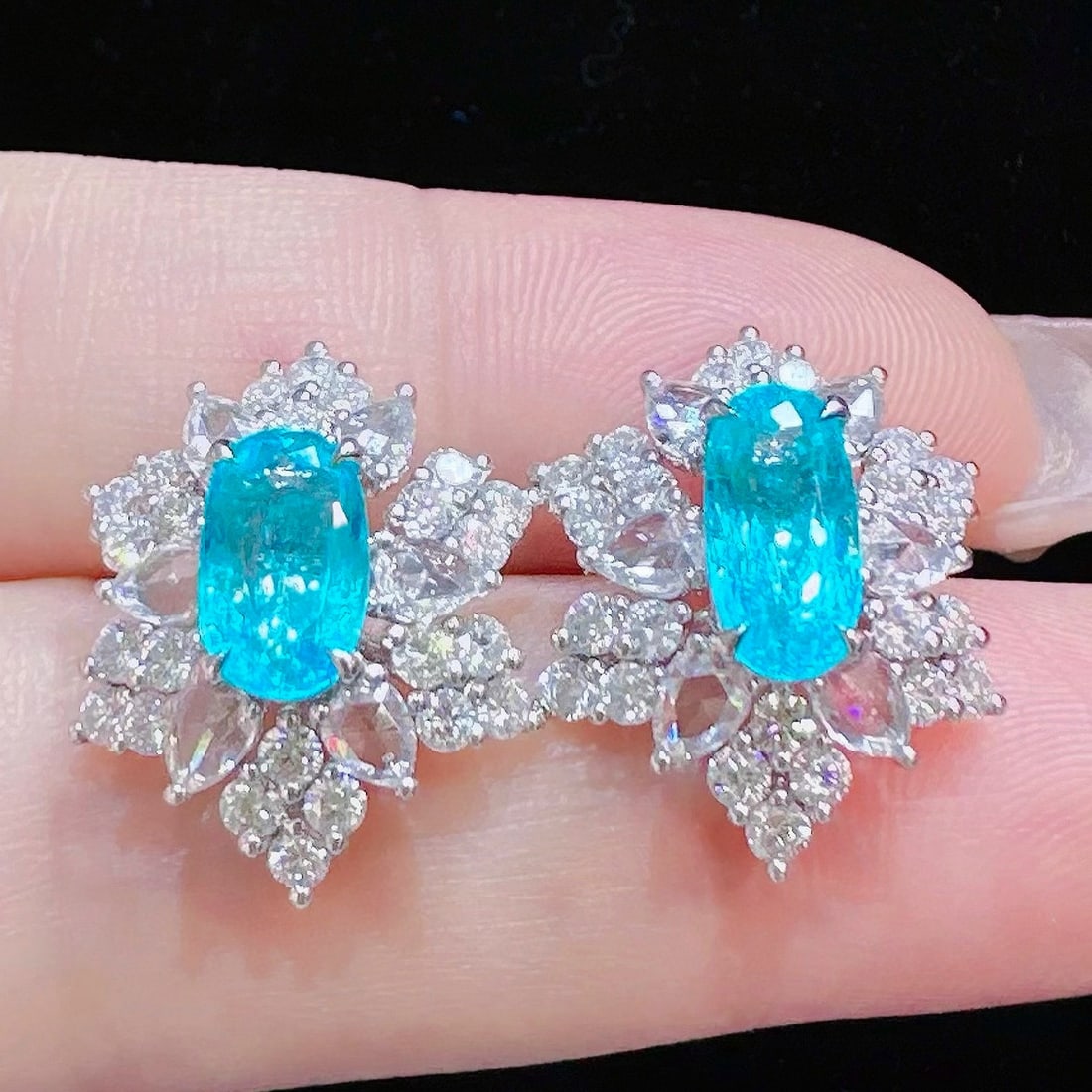 14k Gold 3.99 Ctw Natural Paraiba Tourmaline & Diamond Earrings: Ref:230986302 // gold content:14k gold // main gemstone:paraiba tourmaline // shape:oval // carat weight:2. 08ct // color:blue // treatment:natural // // adjacent gemstone 2 : diamond // shape:multipl