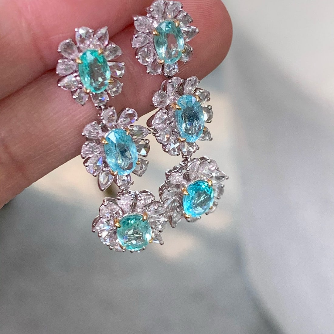 14k Gold 7.97 Ctw Natural Paraiba Tourmaline & Diamond Earrings - 3