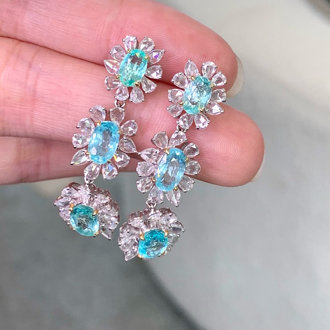 14k Gold 7.97 Ctw Natural Paraiba Tourmaline & Diamond Earrings - 4