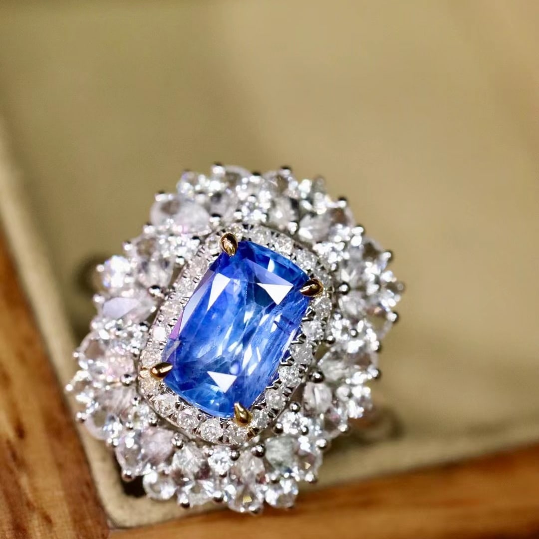 14k Gold 1.44 Ctw Natural Sapphire & Diamond Ring: Ref:230986306 // gold content:14k gold // ring size:7. 25us // // main gemstone:sapphire // shape:cushion // carat weight:1. 33ct // color:blue // treatment:natural // // adjacent gemstone 2 :