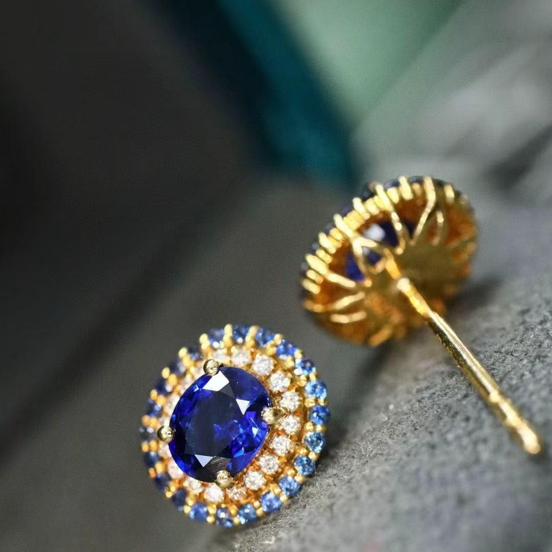 14k Gold 1.11 Ctw Natural Sapphire & Diamond Earrings - 2