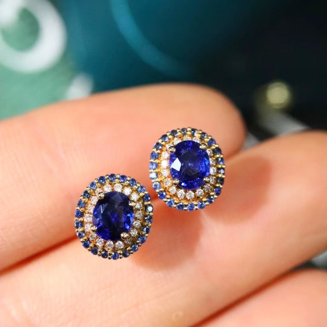 14k Gold 1.11 Ctw Natural Sapphire & Diamond Earrings - 4