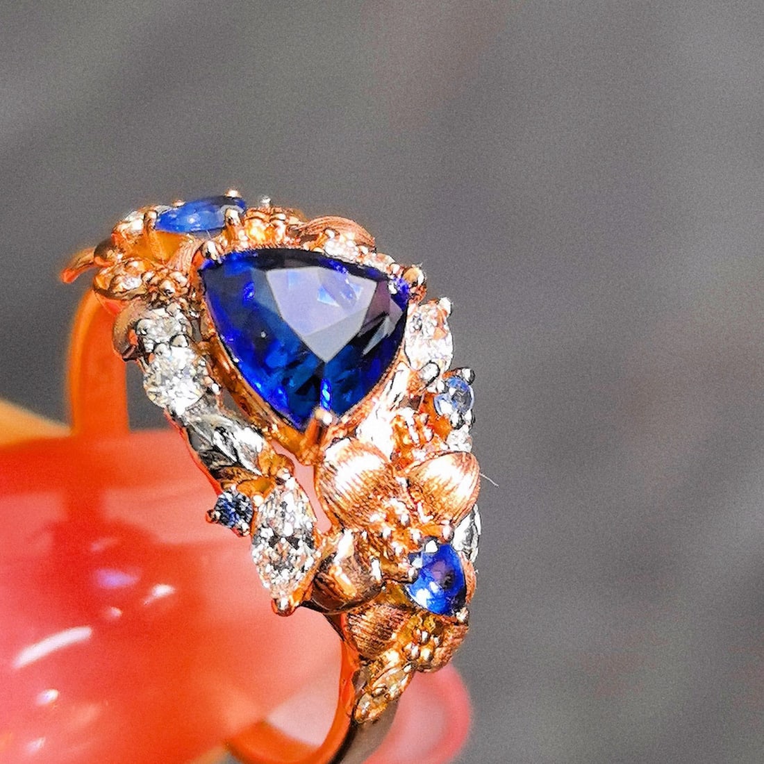 14k Gold 1.38 Ctw Natural Sapphire & Diamond Ring: Ref:230986346 // gold content:14k gold // ring size:7. 25us // // main gemstone:sapphire // shape:triangle // carat weight:1. 23ct // color:blue // treatment:natural // // adjacent gemstone 2 :