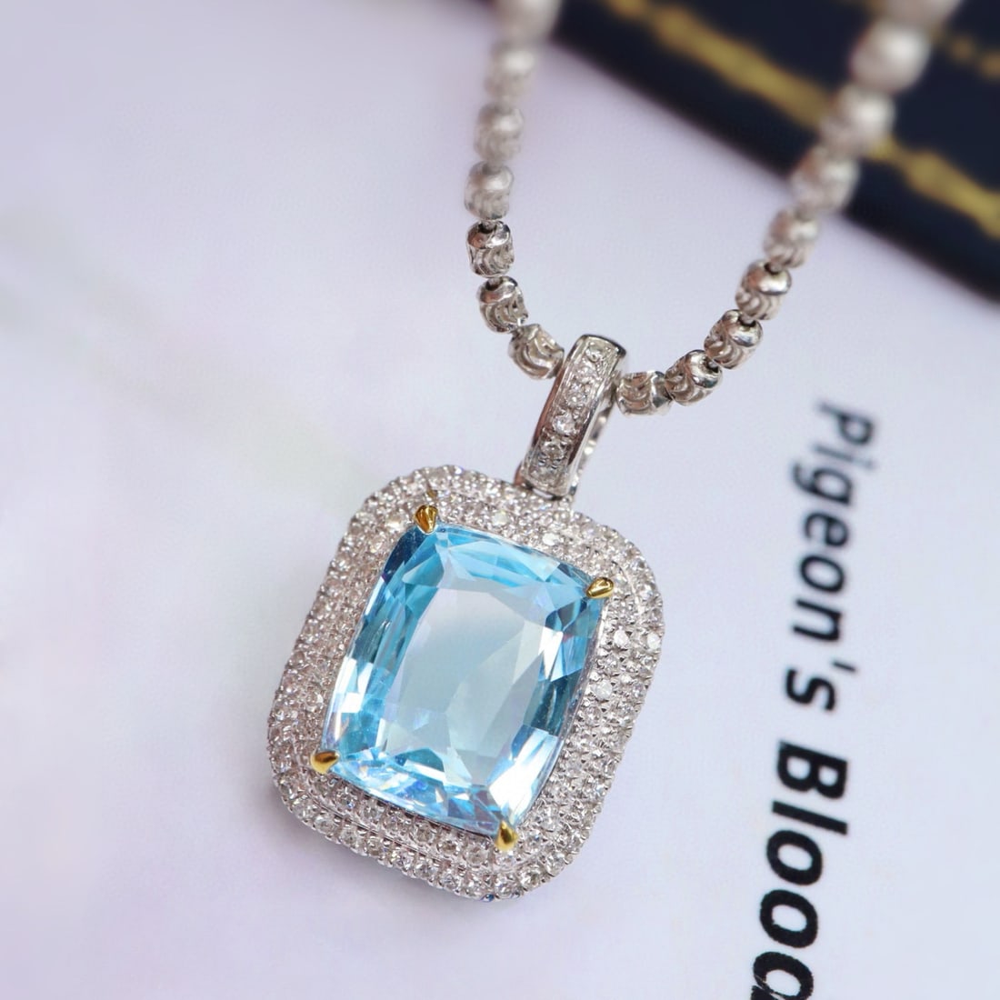 14k Gold 2.46 Ctw Natural Aquamarine & Diamond Pendant( Without Chain ): Ref:230986354 // gold content:14k gold // main gemstone:aquamarine // shape:cushion // carat weight:2. 20ct // color:santa maria color // treatment:natural // // adjacent gemstone 2 : diamond //
