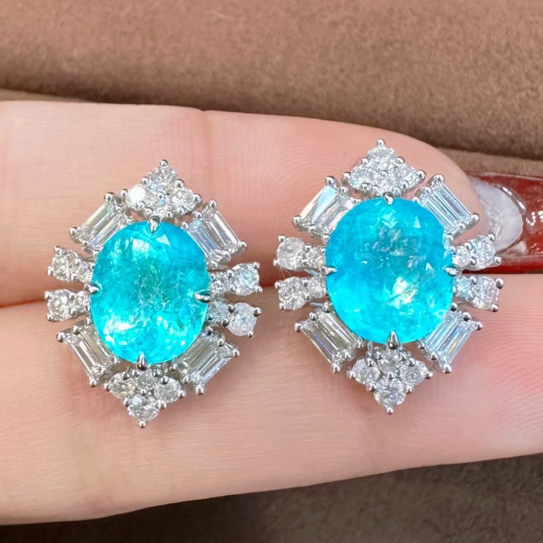 14k Gold 7.12 Ctw Natural Paraiba Tourmaline & Diamond Earrings - 2