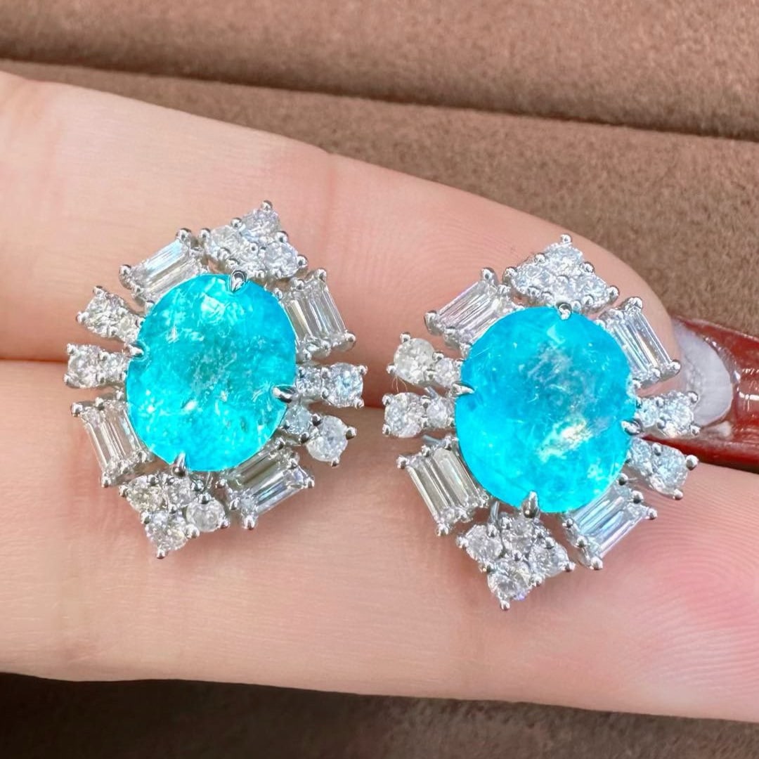 14k Gold 7.12 Ctw Natural Paraiba Tourmaline & Diamond Earrings - 3