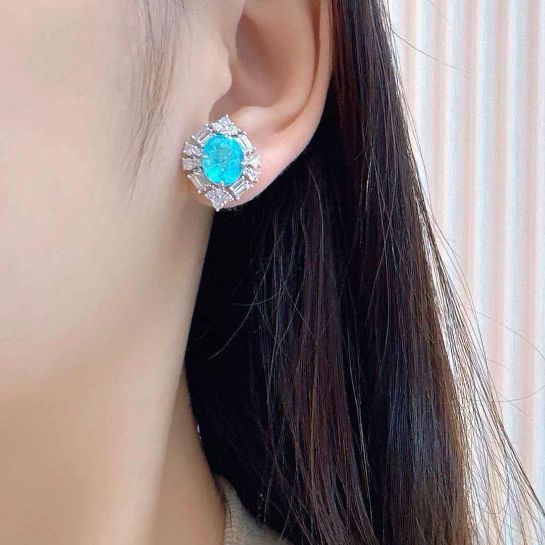 14k Gold 7.12 Ctw Natural Paraiba Tourmaline & Diamond Earrings - 4