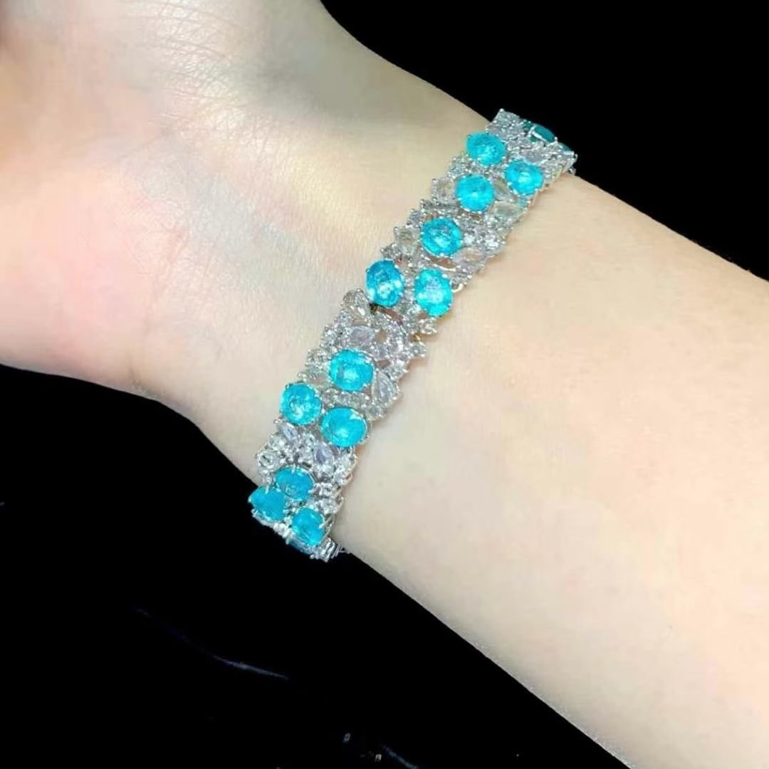 14k Gold 12.6 Ct Natural Paraiba Tourmaline & Sapphire Bracelet - 5