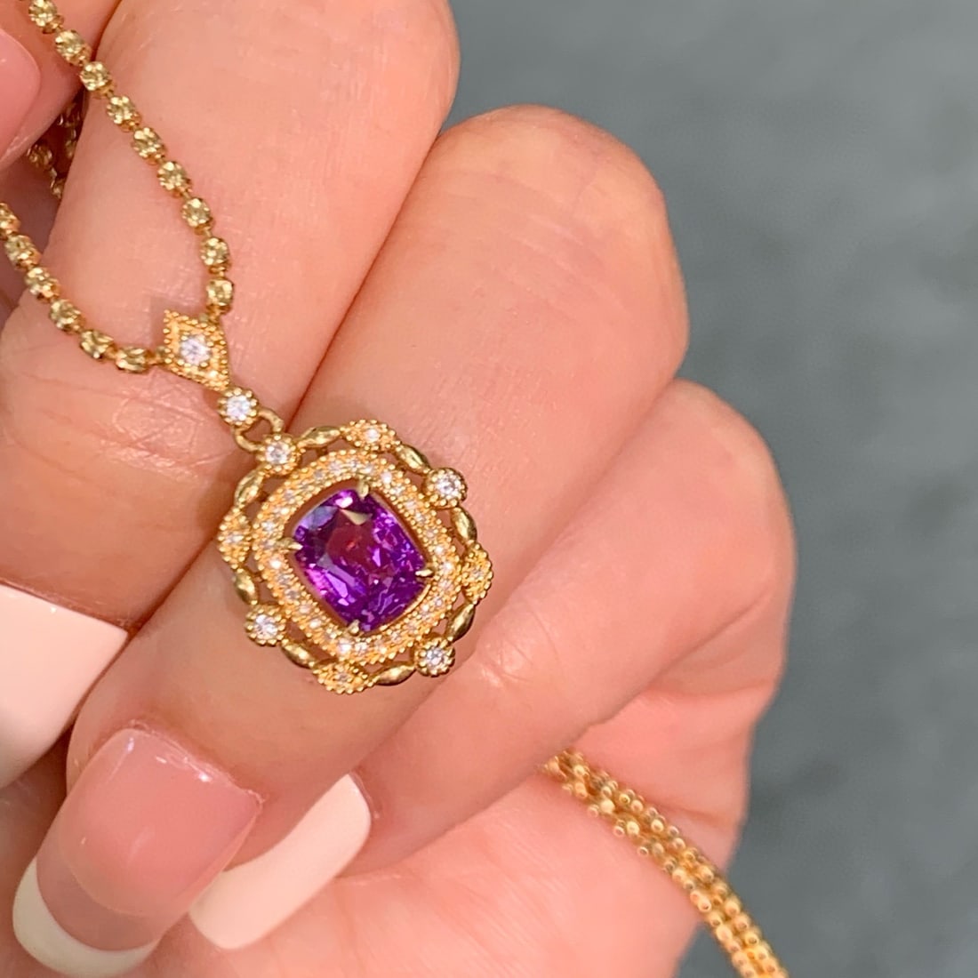 14k Gold 1.15 Ctw Natural Tourmaline & Diamond Pendant( Without Chain ): Ref:230986377 // gold content:14k gold // main gemstone:tourmaline // shape:cushion // carat weight:1. 03ct // color:purple // treatment:natural // // adjacent gemstone 2 : diamond // shape:round //