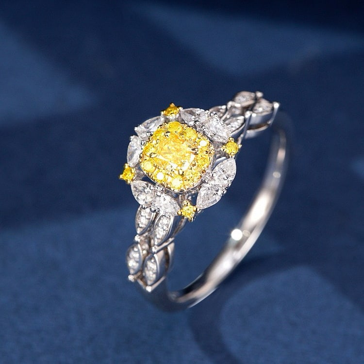 14k Gold 0.69 Ctw Natural Yellow Diamond & Diamond Ring: Ref:230986389 // gold content:14k gold // ring size:7. 25us // // main gemstone:yellow diamond // shape:cushion // carat weight:0. 22ct // color:yellow // treatment:natural // // adjacent gemstone 2