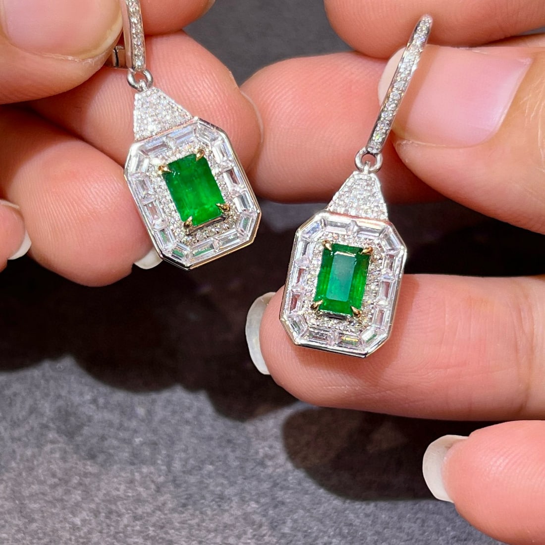 14k Gold 1.56 Ctw Vivid Green Natural Emerald & Diamond Earrings - 6