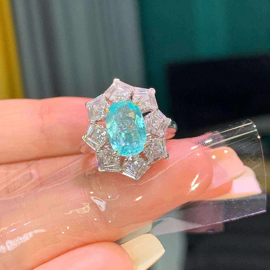 14k Gold 4.13 Ctw Natural Paraiba Tourmaline & Diamond Ring/pendant( Without Chain ): Ref:230986401 // gold content:14k gold // ring size:7. 25us // // main gemstone:paraiba tourmaline // shape:oval // carat weight:1. 81ct // color:blue // treatment:natural // // adjacent gemstone 2 : 
