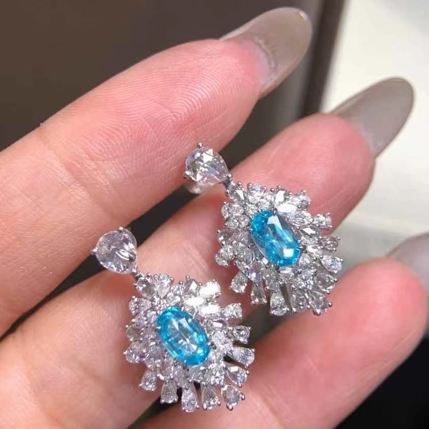 14k Gold 3.12 Ctw Natural Paraiba Tourmaline & Diamond Earrings - 2