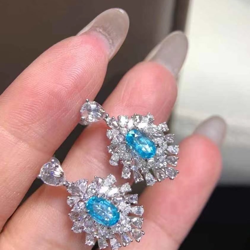14k Gold 3.12 Ctw Natural Paraiba Tourmaline & Diamond Earrings - 4