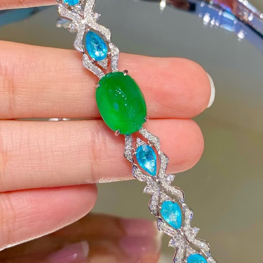 14k Gold 9.1 Ctw Vivid Green Natural Emerald & Paraiba Tourmaline Bracelet - 2