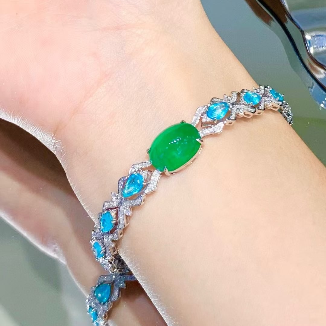 14k Gold 9.1 Ctw Vivid Green Natural Emerald & Paraiba Tourmaline Bracelet - 3