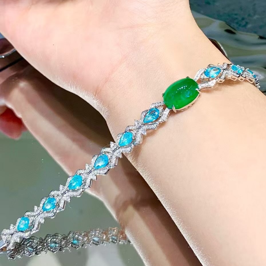 14k Gold 9.1 Ctw Vivid Green Natural Emerald & Paraiba Tourmaline Bracelet - 4