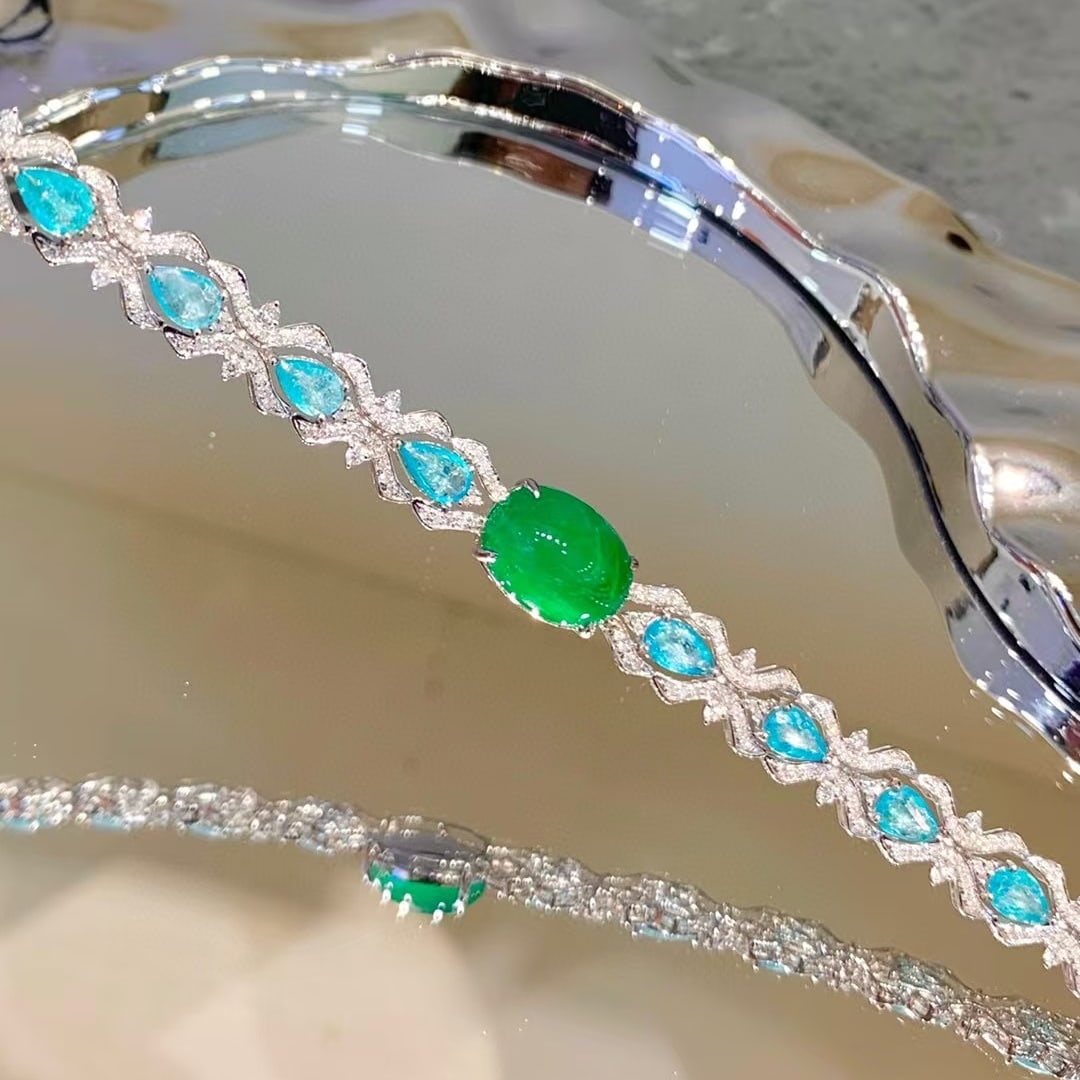 14k Gold 9.1 Ctw Vivid Green Natural Emerald & Paraiba Tourmaline Bracelet - 5