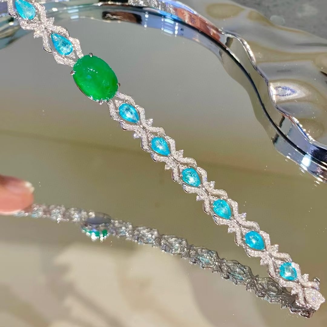 14k Gold 9.1 Ctw Vivid Green Natural Emerald & Paraiba Tourmaline Bracelet - 6