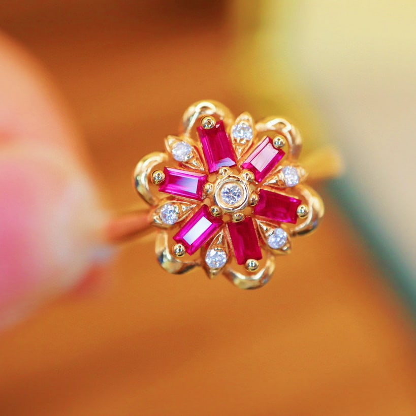 14k Gold 0.30 Ctw Natural Ruby & Diamond Ring: Ref:230986410 // gold content:14k gold // ring size:7. 25us // // main gemstone:ruby // shape:rectangle // carat weight:0. 25ct // color:red // treatment:natural // // adjacent gemstone 2 : diamond