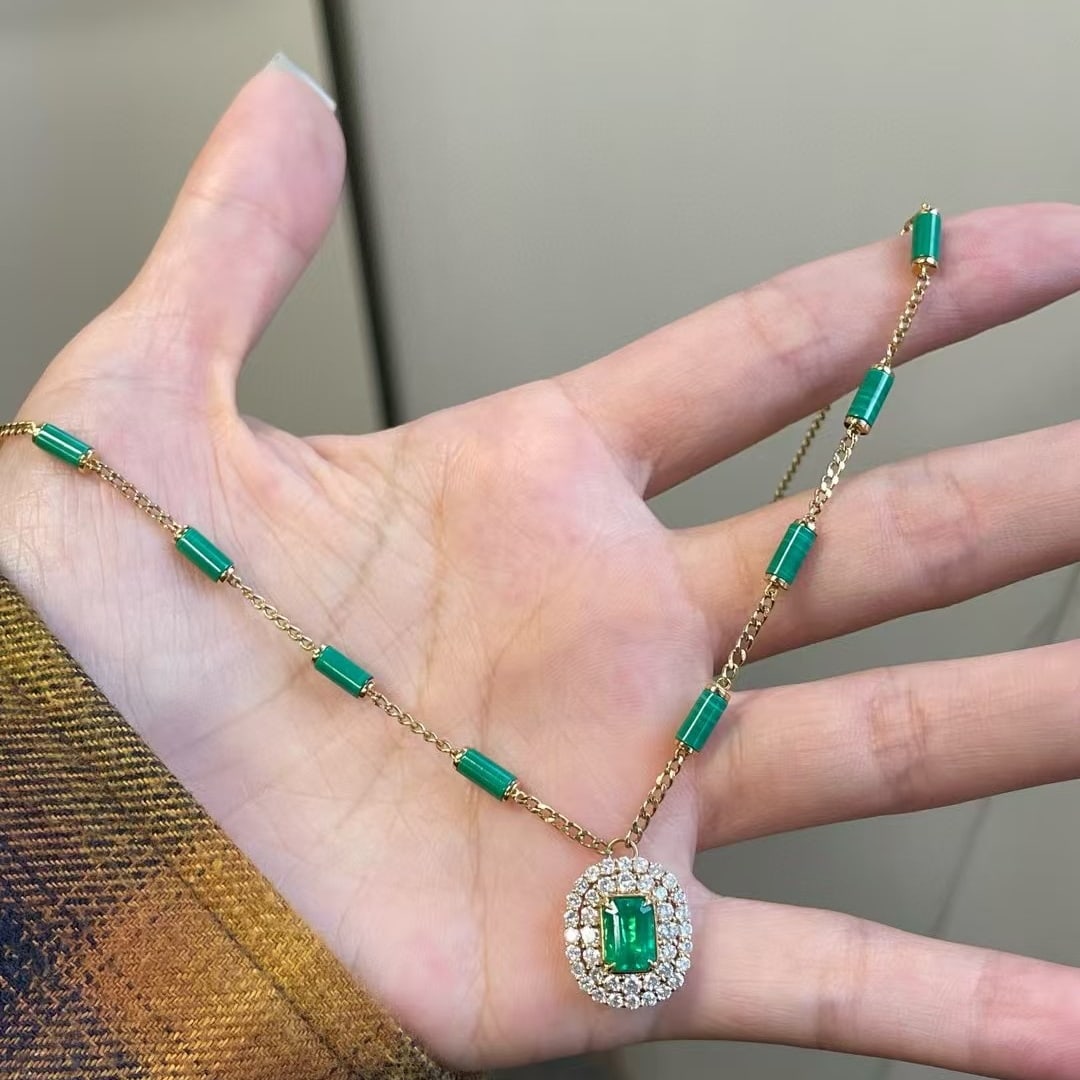 14k Gold 1 Ct Natural Emerald & Diamond Necklace - 5
