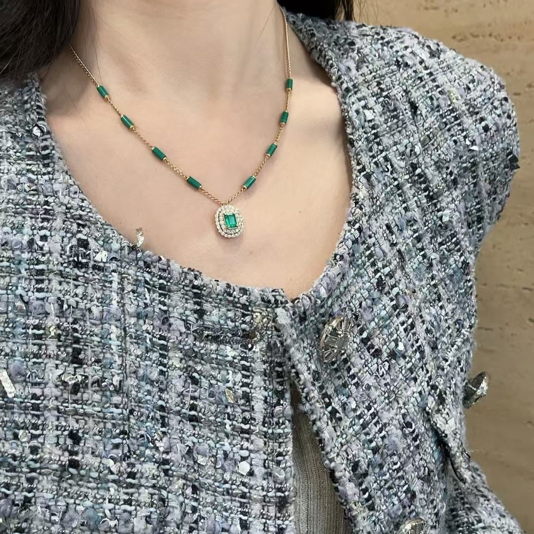 14k Gold 1 Ct Natural Emerald & Diamond Necklace - 7