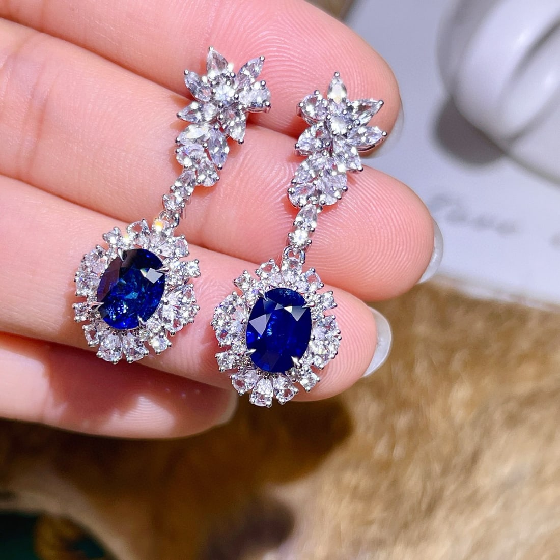 14k Gold 7.00 Ctw Natural Sapphire & Sapphire Earrings: Ref:230986425 // gold content:14k gold // main gemstone:sapphire // shape:oval // carat weight:3. 46ct // color:royal blue // treatment:natural // // adjacent gemstone 2 : sapphire // number of