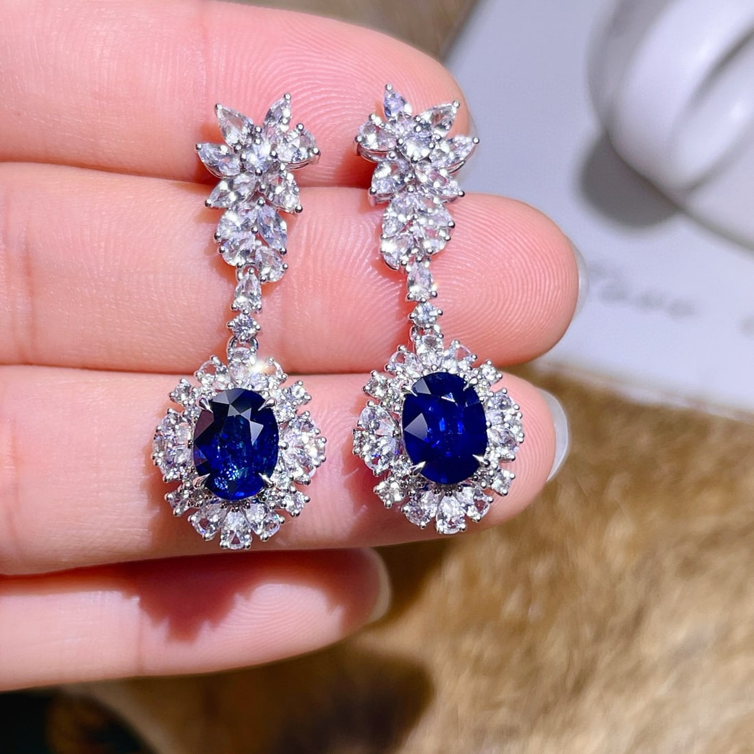 14k Gold 7.00 Ctw Natural Sapphire & Sapphire Earrings - 4