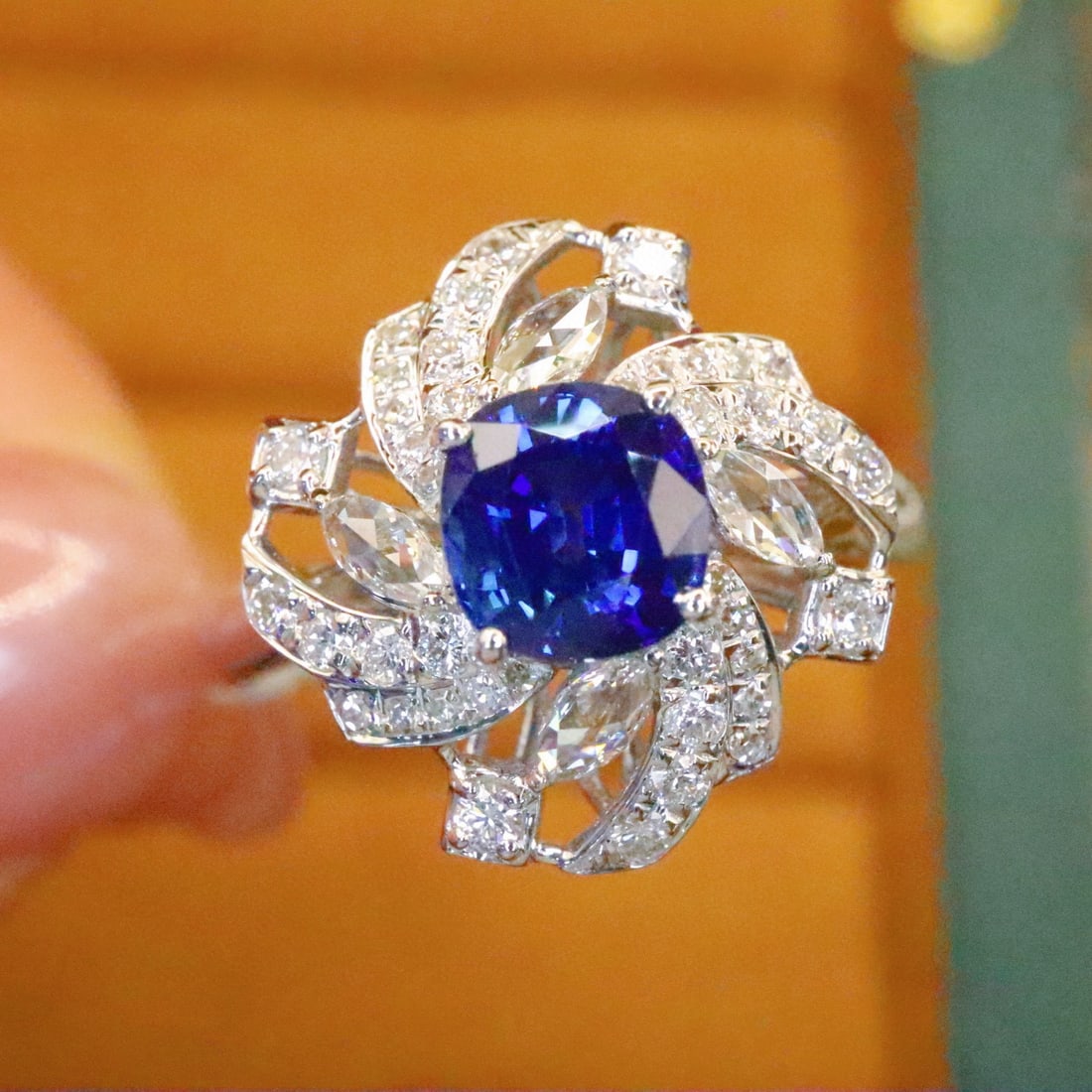 14k Gold 1.55 Ctw Natural Sapphire & Diamond Ring: Ref:230986427 // gold content:14k gold // ring size:7. 25us // // main gemstone:sapphire // shape:cushion // carat weight:1. 13ct // color:royal blue // treatment:natural // // adjacent gemstone 2 :