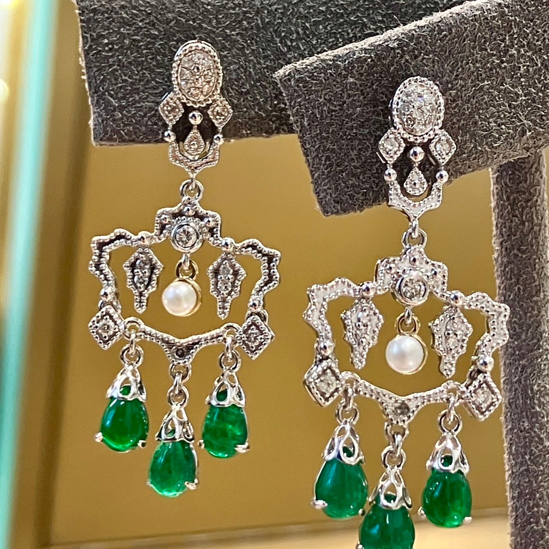14k Gold 2.59 Ctw Vivid Green Natural Emerald & Diamond Earrings - 2