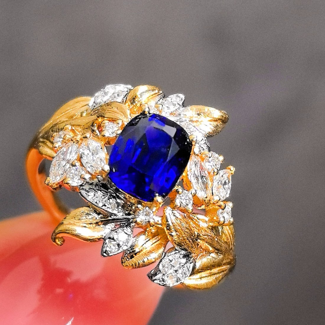 14k Gold 1.75 Ctw Natural Sapphire & Diamond Ring: Ref:230986448 // gold content:14k gold // ring size:7. 25us // // main gemstone:sapphire // shape:cushion // carat weight:1. 34ct // color:blue // treatment:natural // // adjacent gemstone 2 :