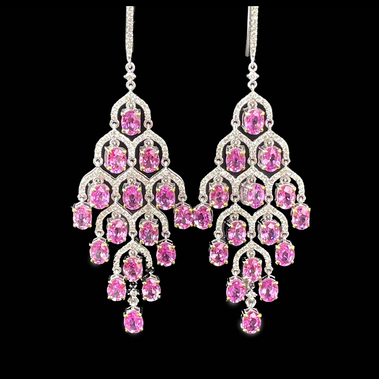 14k Gold 8.83 Ctw Natural Padparadscha Sapphire & Diamond Earrings: Ref:230987004 // gold content:14k gold // main gemstone:padparadscha sapphire // shape:oval // carat weight:8. 18ct // clarity grade:vs-si // color:pink // treatment:natural // cut grade:g // // adjac