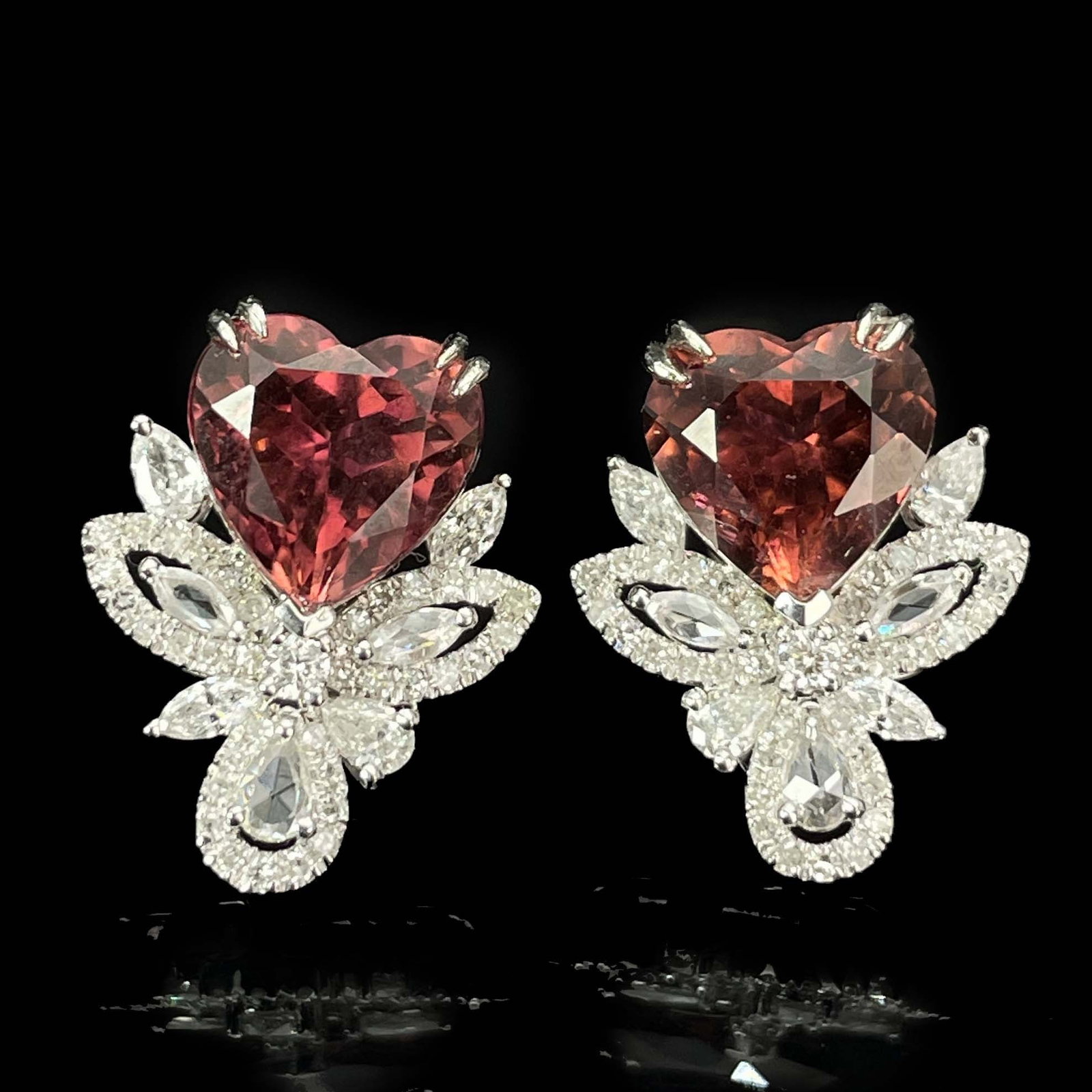 14k Gold 4.9 Ctw Natural Tourmaline & Diamond Earrings: Ref:230987039 // gold content:14k gold // main gemstone:tourmaline // shape:heart // carat weight:4. 2ct // color:red // treatment:natural // cut grade:g // // adjacent gemstone 2 : diamond //