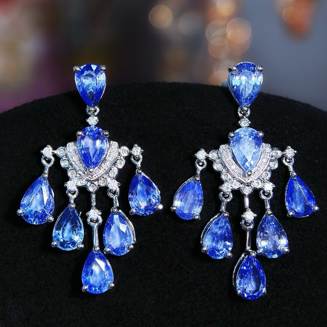 14k Gold 7 Ct Natural Sapphire & Diamond Earrings: Ref:230987054 // gold content:14k gold // main gemstone:sapphire // shape:pear // carat weight:7ct // color:blue // treatment:natural // cut grade:g // // adjacent gemstone 2 : diamond // shape:round