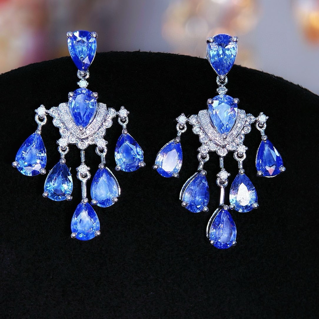 14k Gold 7 Ct Natural Sapphire & Diamond Earrings - 2