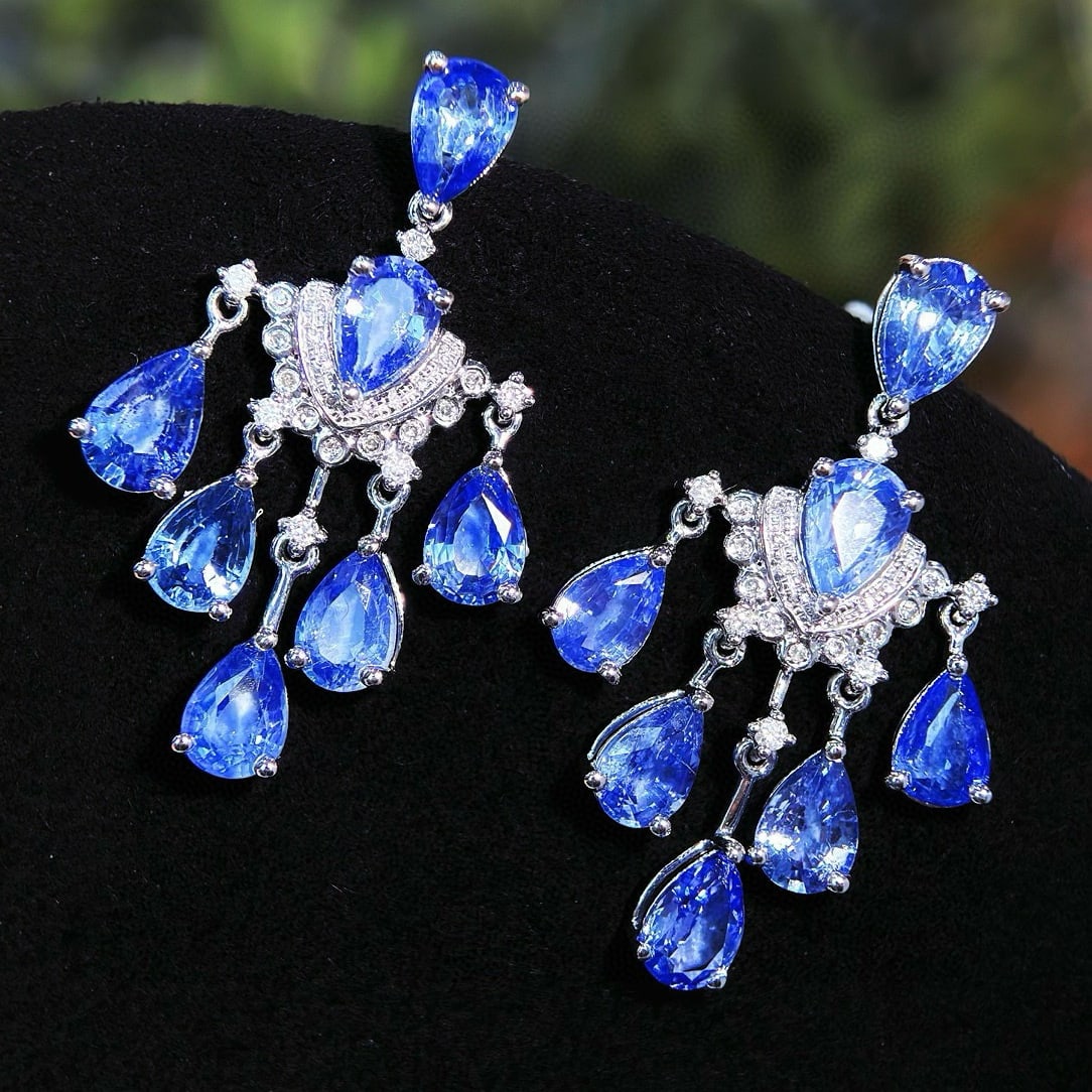 14k Gold 7 Ct Natural Sapphire & Diamond Earrings - 3