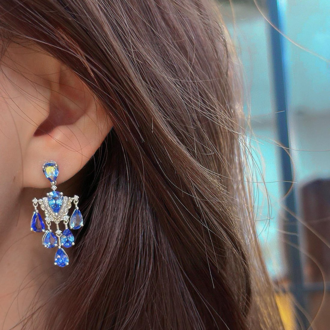 14k Gold 7 Ct Natural Sapphire & Diamond Earrings - 4