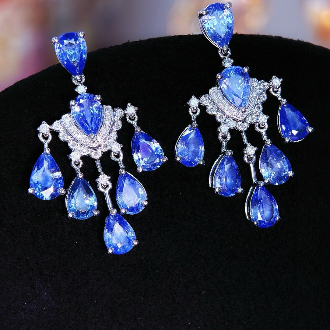 14k Gold 7 Ct Natural Sapphire & Diamond Earrings - 5